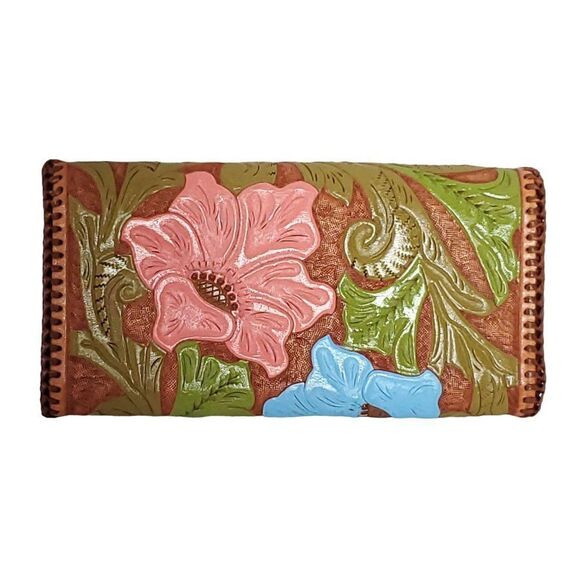 Vtg Hand Tooled Painted Leather Clutch Tri-Fold Wallet Floral Western Boho - Picture 2 of 5